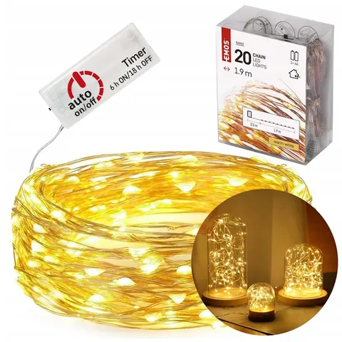Dekoracje - 20 LED nano łezki 1,9m 2x AA ciepła biel, miedziany przewód, IP20 timer