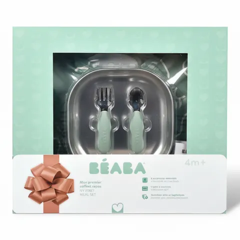 Zestaw prezentowy First Meals 3w1 (talerzyk + zestaw sztućców + śliniak) Sage green / Beaba