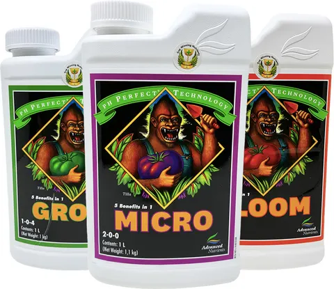 GROW + BLOOM + MICRO 3x1L - KOMPLET NAWOZÓW Z FORMUŁĄ pH PERFECT (gleba, hydro, kokos), ADVANCED NUTRIENTS