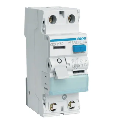 Wyłącznik różnicowoprądowy 1P+N 25A 30mA Typ A QuickConnect, RCCB; CDS225D HAGER