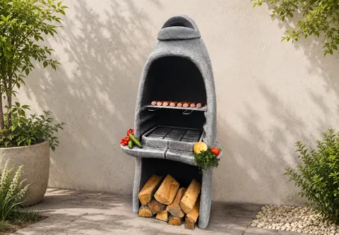 Grill betonowy z kominem i rusztem nierdzewnym Erato