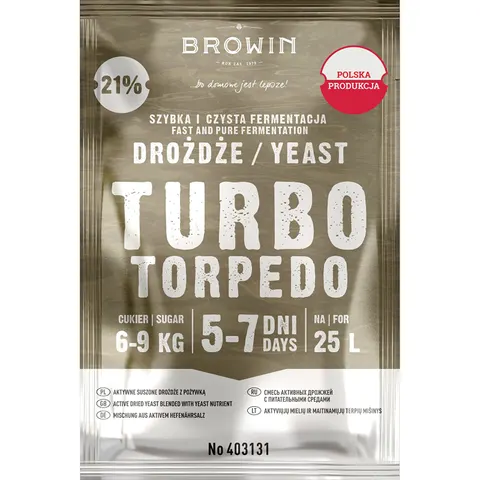 Drożdże gorzelnicze TURBO Torpedo 5-7dni 100g BROWIN 403131 szybka i czysta fermentacja, aktywne suszone drożdże z pożywką, 21%