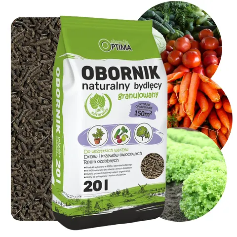 Biovita Obornik bydlęcy Optima 20L granulowany, naturalny i ekologiczny nawóz organiczny do warzyw, owoców i roślin ozdobnych, żyzna gleba, działa st