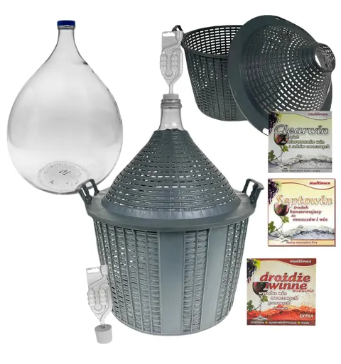 Balon, gąsior na wino 20l + rurka fermentacyjna, korek, drożdże, Clearwin, Septowin