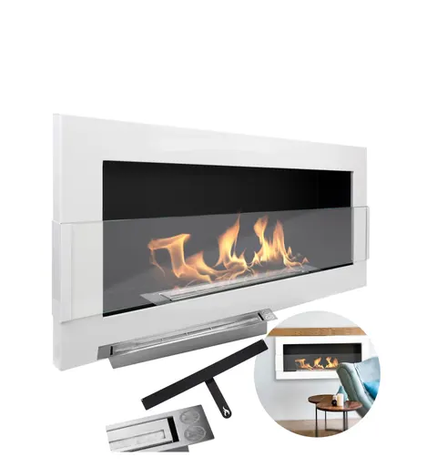 Biokominek 900x400 biały połysk z szybą wiszący