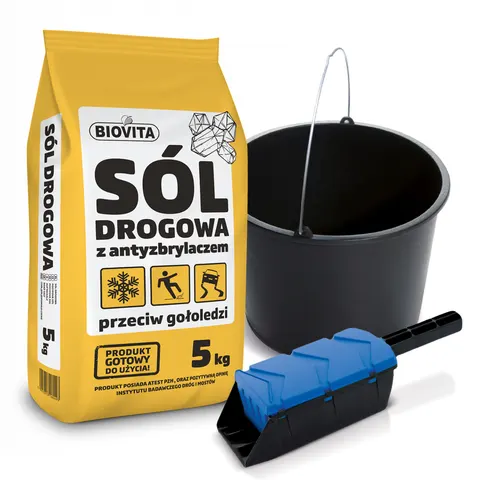 Sól drogowa przeciw gołoledzi 5 kg + wiadro 12 L, szufelka
