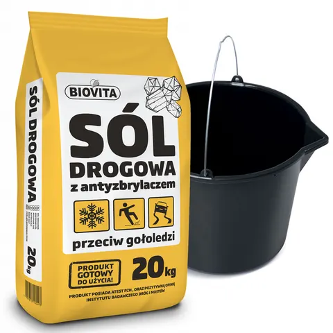 Sól drogowa przeciw gołoledzi 20 kg + wiadro z lejkiem 20 L