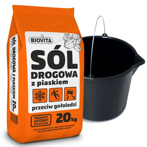 Sól drogowa z piaskiem 20 kg + wiadro z lejkiem 20 L