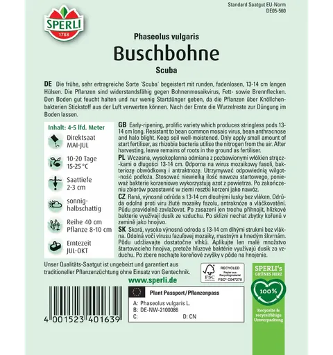 Fasola karłowa Buschbohne Scuba Nasiona Sperli