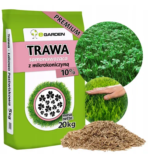 Trawa Samonawożąca 20KG Z MIKROKONICZYNĄ Premium 10% Koniczyna 800m2 eGarden