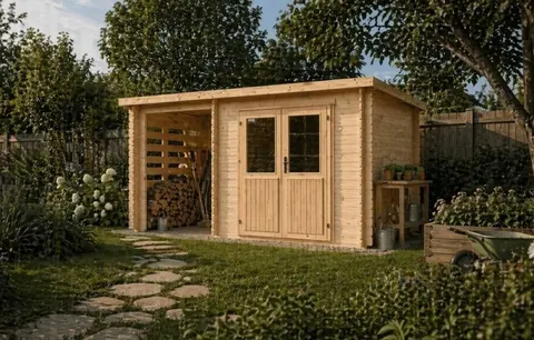 Drewniany domek narzędziowy WOJTEK B 470×220 cm – 10,3 m² z wiatą