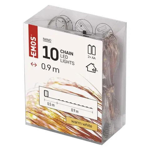 Dekoracje- 10 LED nano łezki 0,9m 2x AA ciepła biel, IP20, miedziany przewód, IP20 timer; D3AW06, EMOS