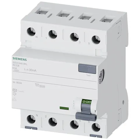 Wyłącznik różnicowo-prądowy, typ AC, In=63A, 3+N-bieg., 30mA, 400V, 4MM; 5SV4346-0, SIEMENS