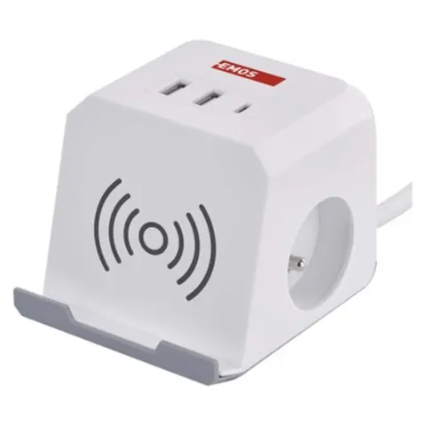 Przedłużacz - kostka 2 m / 2 gniazda / biały / 2×USB-A + 1×USB-C+Qi / 1,5 mm2