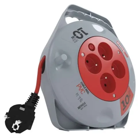 Przedłużacz zwijany 10 m / 4 gniazda / czerwony / PVC / 230 V / 1 mm2