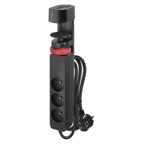 Przedłużacz 1,5 m/3 gniazda/przełącznik/uchwyt biurkowy/USB/czarny/PVC/1,5 mm2