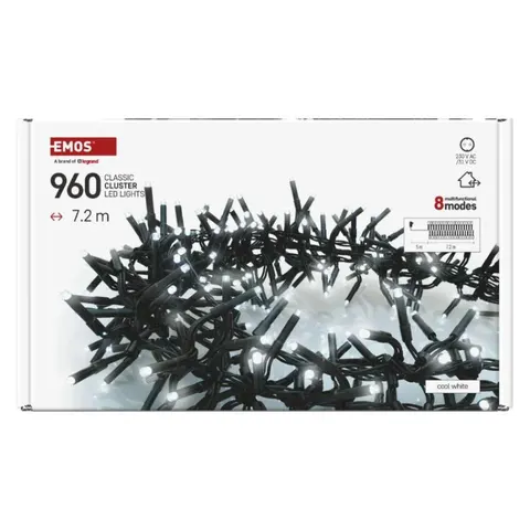 Lampki choinkowe LED Cluster, jeżyk, 960LED 7,2m, zimna biel, 64 programów, IP44