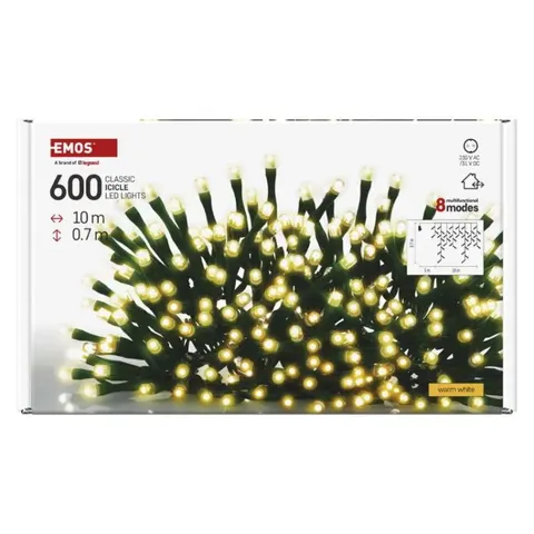 Oświetlenie świąteczne sople 600 LED 10m, ciepła biel, zielony przew., 8 programów, IP44