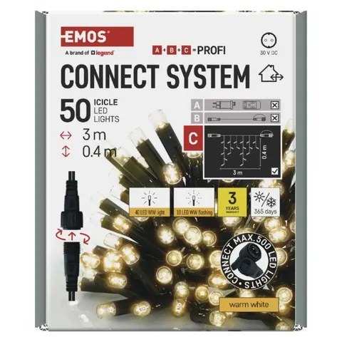 Oświetlenie łączone Profi - sople 50 LED 3m ciepła biel miga, czarny przewód, IP44