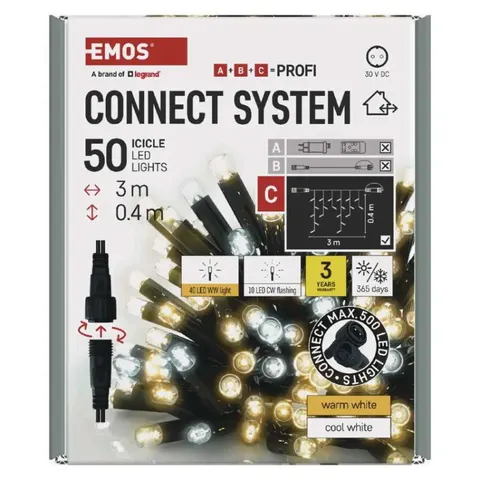 Oświetlenie łączone Profi- sople 50LED 3m, ciepła biel+zimna biel miga, czarny, IP44