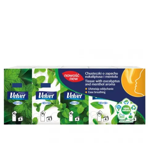 VELVET Chusteczki higieniczne 4-warstwowe MIĘTOWE, 10x9 szt