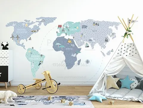 Naklejka na ścianę - mapa świata niebieska