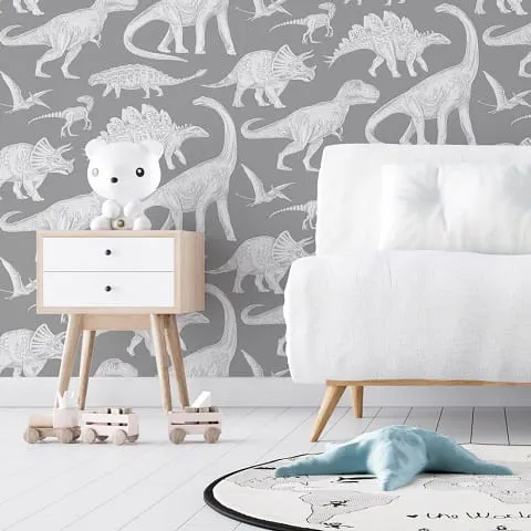Tapeta dziecięca Dino dinozaury szara w brytach