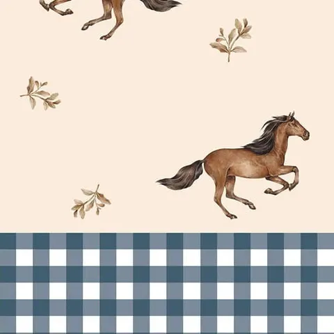 Tapeta dziecięca konie i kratka Horses and check blue