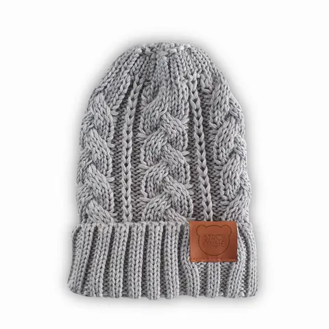 Jasnoszara czapka dziecięca z wełny merino– splot warkoczykowy, Strojmisie