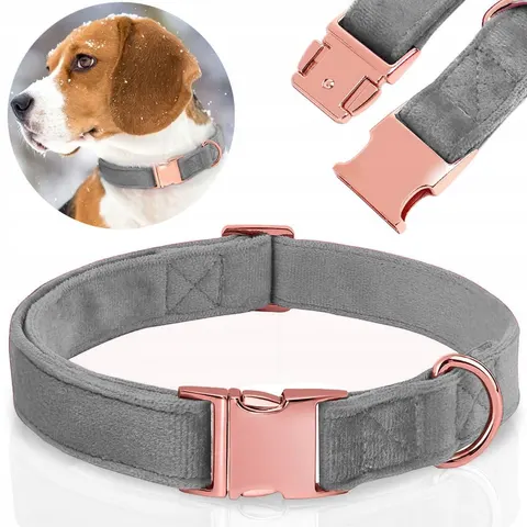 SOLIDNA OBROŻA WELUROWA DLA PSA REGULOWANA MIĘKKA ROSE GOLD 27-45cm S/M