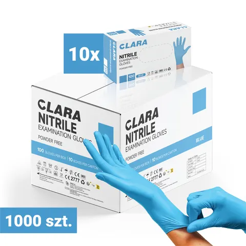 10x Rękawiczki Nitrylowe Bezpudrowe CLARA 100 szt. Niebieskie M – Karton 1000 szt.