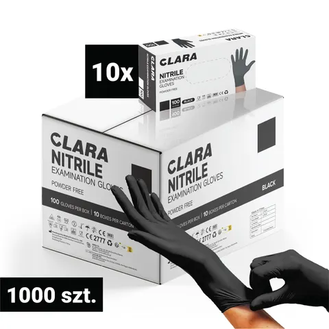 10x Rękawiczki Nitrylowe Bezpudrowe CLARA 100 szt. Czarne S – Karton 1000 szt.