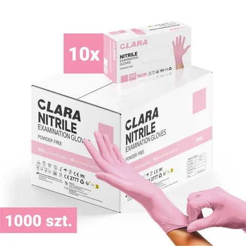 10x Rękawiczki Nitrylowe Bezpudrowe CLARA 100 szt. Różowe S – Karton 1000 szt.