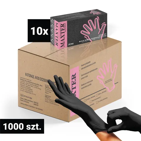 10x Rękawiczki nitrylowe bezpudrowe MAXTER 100 szt., czarne M – karton 1000 szt.