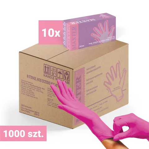 10x Rękawiczki nitrylowe bezpudrowe MAXTER 100 szt., różowe M – karton 1000 szt.