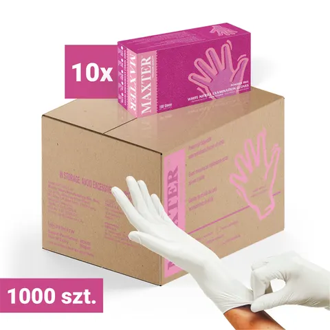 10x Rękawiczki nitrylowe bezpudrowe MAXTER 100 szt., białe M – karton 1000 szt.