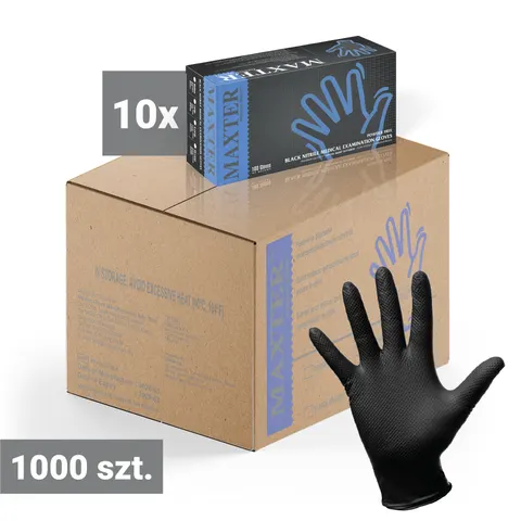 10x Rękawiczki nitrylowe bezpudrowe MAXTER 100 szt., Max-Grip czarne L – karton 1000 szt.