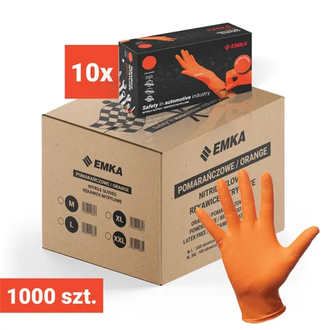 10x Rękawiczki Max-Grip Nitrylowe Bezpudrowe Pomarańczowe Emka - 100 szt. M - karton 1000 szt.