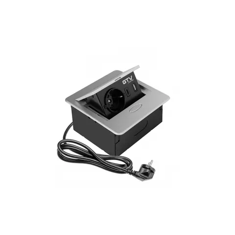 Gniazdo meblowe wpuszczane AVARO, 1x gniazdo schuko, USB A+C, kabel 1.5m, srebrny