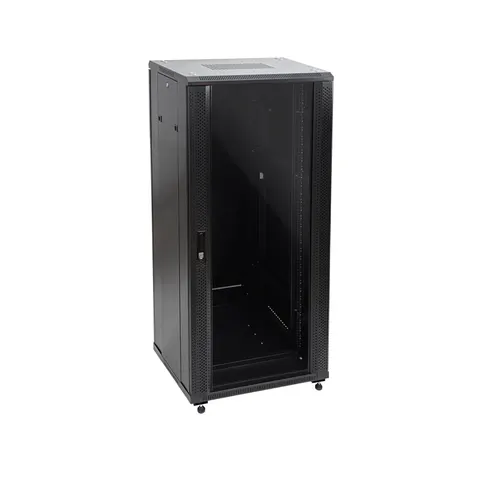 Szafa rack 24U 600x600, drzwi przednie szklane, osłona tylna metalowa pełna, zamek, 4 belki nośne, 4 regulowane stopki, do samodzielnego montażu; kolor czarny
