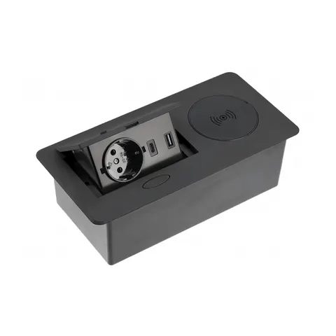 Przedłużacz biur wpuszcz AVARO PLUS,1x gn schuko,USB A+C,ładowarka induk 5W,przewód 1.5m,czarny