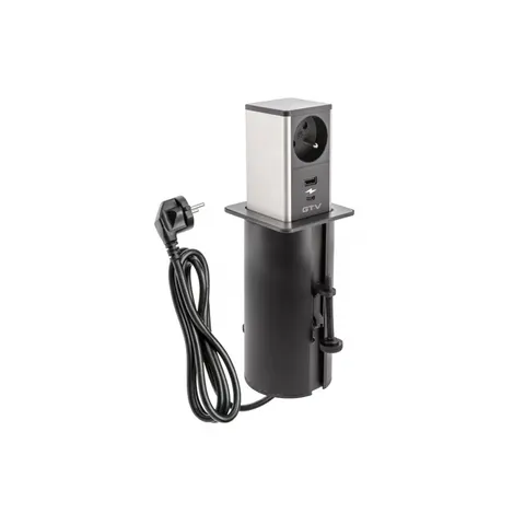 Gniazdo meblowe wysuwane Tower, 1x gniazdo french, 1xUSB A, 1xUSB C, kabel 1.5m, czarne, kapsel inox