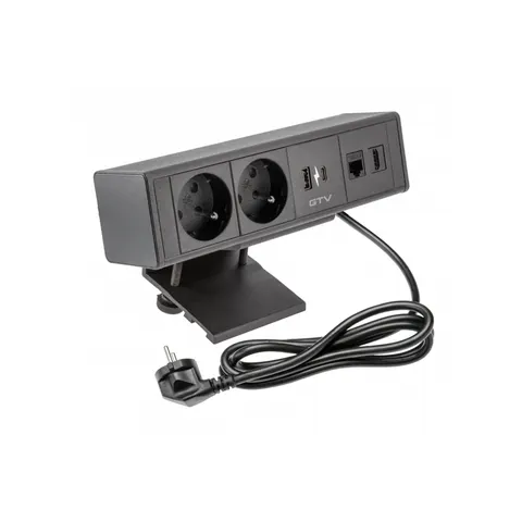 Gniazdo meblowe BAR, 2x gniazdo french, 1xUSB A, 1xUSB C. 1xRJ45, 1xHDMI, kabel 1.5m, czarne