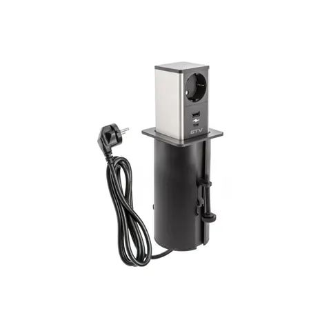 Gniazdo meblowe wysuwane Tower, 1x gniazdo schuko, 1xUSB A, 1xUSB , kabel 1.5m, czarne, kapsel inox