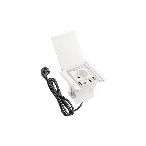 Gniazdo meblowe wpuszczane z przesłoną Flip, 1x gniazdo french, 2xUSB A RJ45, kabel 1.5m, białe
