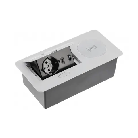 Przedłużacz biur wpuszcz AVARO PLUS,1x gn schuko,USB A+C,ładowarka induk 5W,przewód 1.5m,srebrny