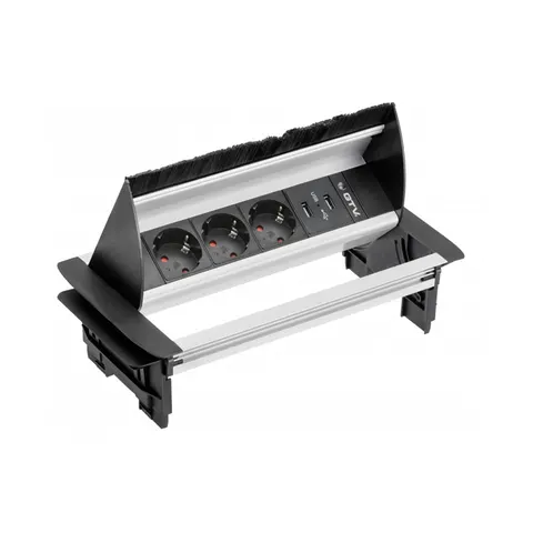 Przedłużacz biurkowy przepustowy 3xgniazdo schuko, 2xUSB 2.1A 5V, kabel 1,5m, alu
