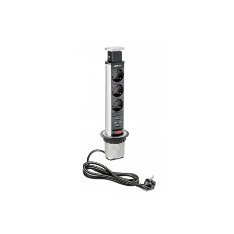 Biurkowy przedłużacz wpuszczany 60mm, 3x schuko, 2xUSB 2,1A 5V (srebrny)