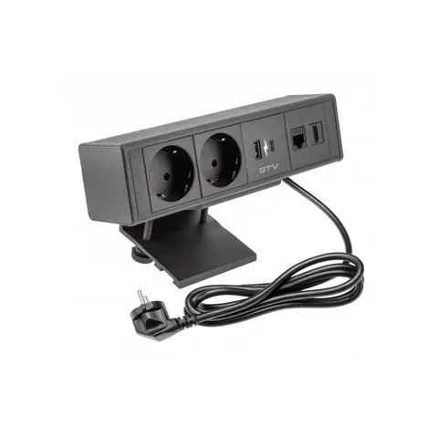 Gniazdo meblowe BAR, 2x gniazdo schuko, 1xUSB A, 1xUSB C. 1xRJ45, 1xHDMI,, kabel 1.5m, czarne