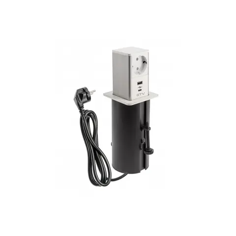 Gniazdo meblowe wysuwane Tower, 1x gniazdo schuko, 1xUSB A, 1xUSB C, kabel 1.5m, białe, kapsel inox